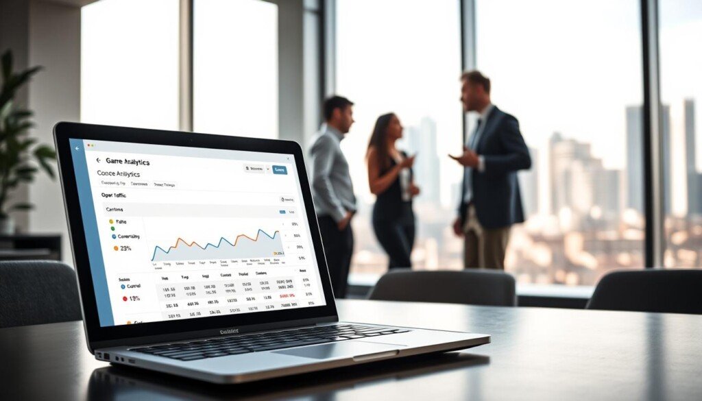 A modern, sleek office interior with large windows flooding the room with natural light. In the foreground, a laptop displaying Google Analytics data, showcasing concrete SEO performance metrics such as organic traffic, keyword rankings, and conversion rates. In the middle ground, a team of digital marketers reviewing the data, gesturing animatedly as they discuss optimization strategies. The background features a city skyline, hinting at the real-world impact of these SEO results on the client's business. The overall mood is one of professionalism, data-driven decision-making, and a sense of achievement in delivering tangible SEO success.