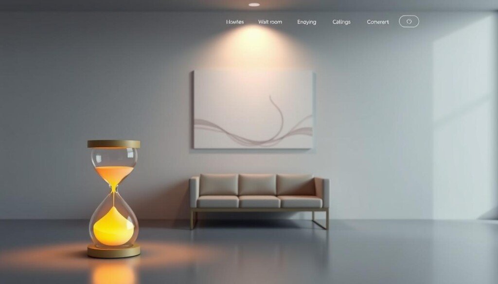 A modern, sleek web page with a minimalistic, inviting waiting room design. The foreground features an elegant, simple hourglass icon, softly glowing with a warm, amber light, symbolizing the patience and anticipation of the user. The middle ground showcases a clean, uncluttered layout with subtle graphical elements, such as abstract shapes or flowing lines, adding visual interest without distracting from the core focus. The background maintains a serene, muted color palette, perhaps shades of gray or blue, creating a calming, professional atmosphere. Soft, directional lighting illuminates the page, casting gentle shadows and highlights to add depth and dimension. The overall composition conveys a sense of understated sophistication, promising a thoughtful, user-centric web experience.