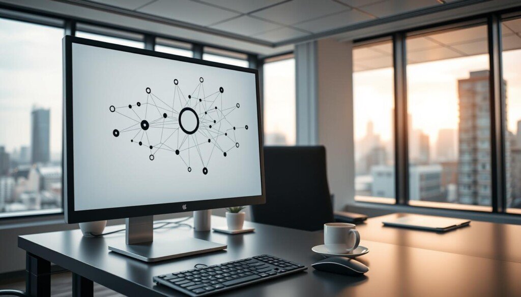 A professional, modern office interior with a clean and minimalist aesthetic. In the foreground, a sleek desktop computer setup with a high-resolution monitor, a stylish wireless keyboard and mouse. On the screen, a visualization of an optimization strategy, represented by a dynamic network of interconnected nodes and lines. In the middle ground, a desk with a potted plant, a cup of coffee, and neatly organized work materials. The background features large windows overlooking a bustling city skyline, bathed in warm, diffused natural light. The overall mood is one of productivity, focus, and a deep understanding of the complexities of search engine optimization.