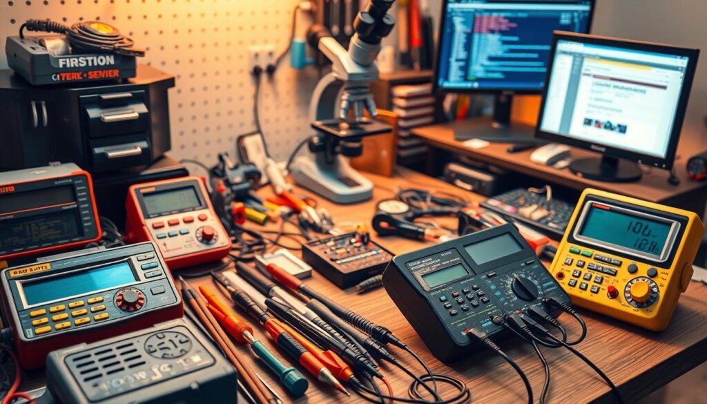 A professional workbench with various complementary error detection tools neatly arranged. In the foreground, an array of digital multimeters, logic probes, and circuit testers. In the middle ground, a microscope and a soldering station with precision tools. In the background, a well-stocked toolbox and a computer monitor displaying diagnostic software. The scene is bathed in warm, focused lighting, creating a sense of purpose and attention to detail. The overall atmosphere conveys a methodical, problem-solving mindset essential for identifying and resolving Soft 404 errors.