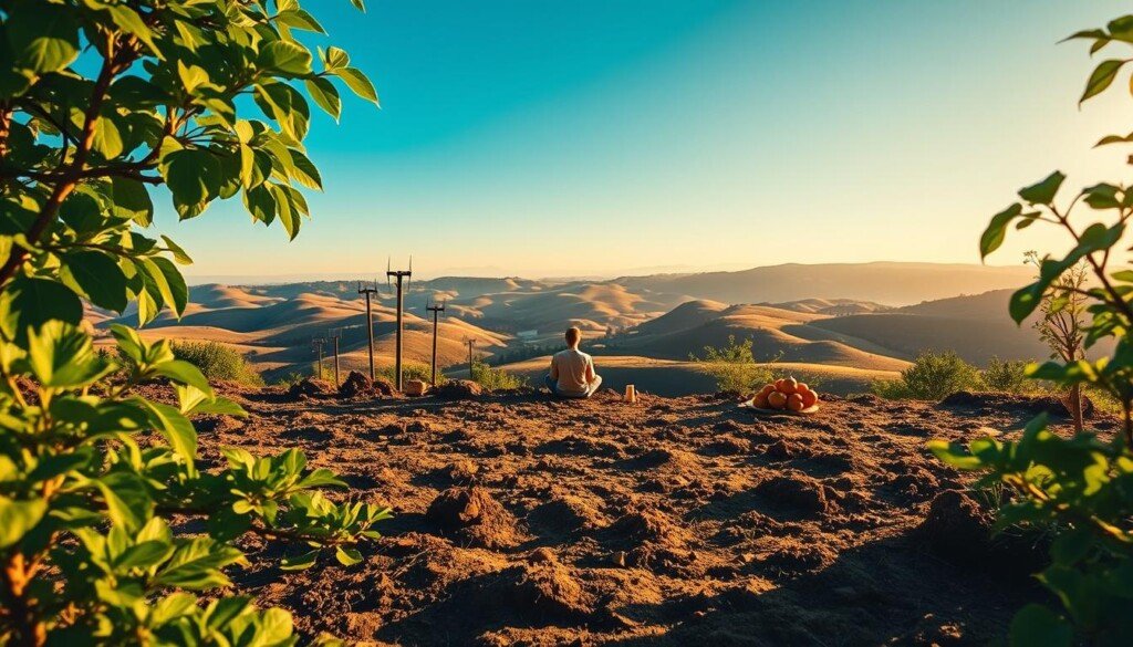 A serene, earthy landscape with lush, verdant foliage in the foreground. In the middle ground, a figure sits cross-legged, deep in contemplation, surrounded by symbols of sustainability - recycled materials, renewable energy sources, and organic produce. The background features rolling hills and a clear, blue sky, bathed in warm, golden sunlight, conveying a sense of harmony and balance. The scene exudes a tranquil, eco-friendly atmosphere, reflecting the essence of a sustainable content strategy.