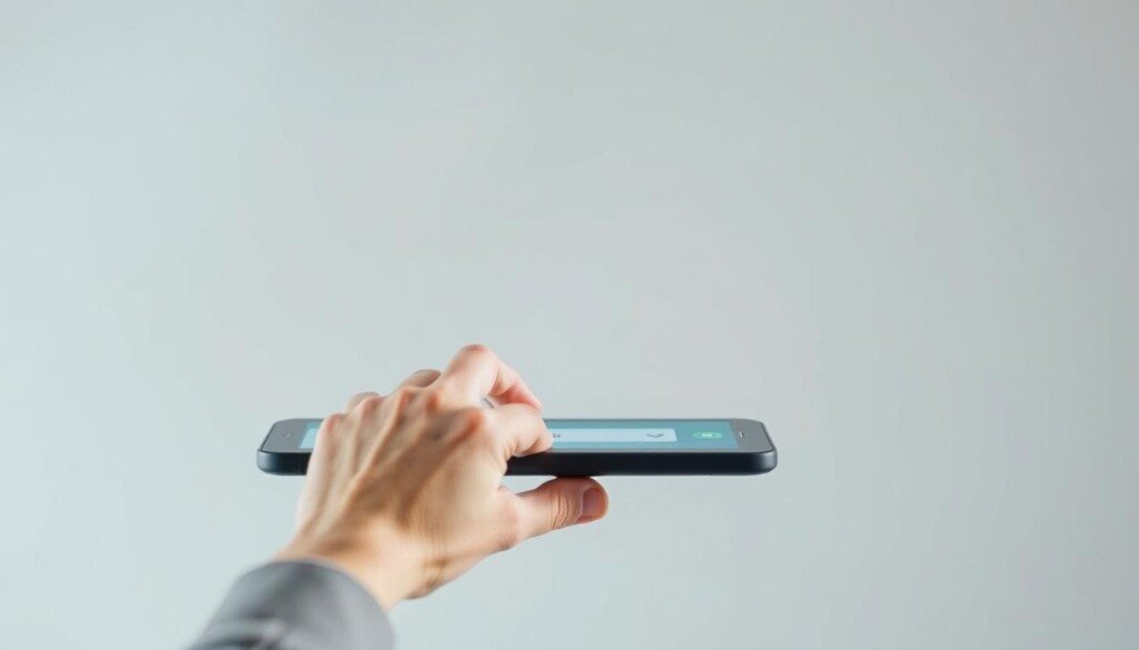 A serene, minimalist composition showcasing the concept of "intention recherche mots clés". In the foreground, a person's hand hovers over a touchscreen device, their fingertips delicately hovering over a search bar. The background features a soft, blurred gradient of pastel blues and grays, creating a sense of focus and clarity. Gentle overhead lighting casts a subtle, natural glow, highlighting the thoughtful expression on the person's face as they contemplate their keyword search. The overall mood is one of focus, intention, and the pursuit of meaningful information through targeted online research.