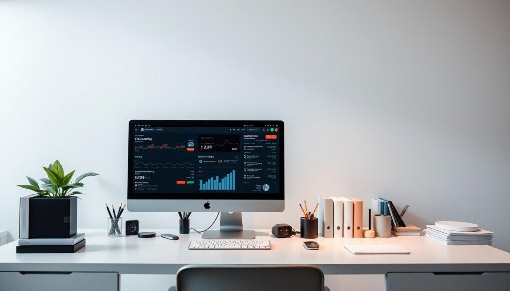 A serene, modern office interior with a large, sleek desktop computer and various office supplies arranged neatly. The desk is positioned in front of a minimalist, neutral-toned wall, illuminated by soft, diffused lighting from above. The computer screen displays analytics and optimization metrics, reflecting the focus on search engine optimization and pre-launch preparations. The overall atmosphere conveys a sense of focus, efficiency, and attention to detail, capturing the essence of the "Optimisation SEO d'une page d'attente" section.