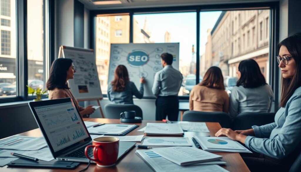 A serene office setting, where a team of professionals collaborates on a local SEO strategy. In the foreground, a laptop displays analytics data, surrounded by neatly organized documents and a cup of freshly brewed coffee. The middle ground features a whiteboard covered in detailed notes and diagrams, while the background showcases a window overlooking a bustling city street, bathed in warm, natural lighting. The overall atmosphere conveys a sense of focused productivity and problem-solving, with an emphasis on the case studies that have led to successful local optimization efforts.