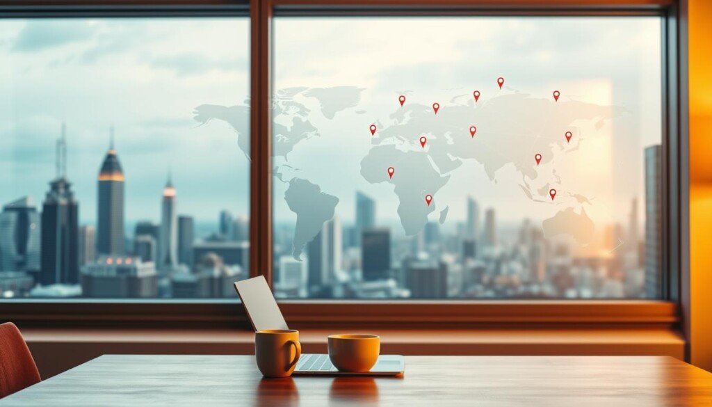 A serene office setting, with a large window overlooking a bustling international city skyline. In the foreground, a wooden desk with a laptop, a cup of coffee, and a stylized diagram depicting international linking strategies. The middle ground features a world map, push pins marking various locations, and strings connecting them, symbolizing the interconnected global network. The background is softly lit, creating a warm, professional atmosphere. The overall composition conveys a sense of strategic planning, global reach, and the pursuit of international digital marketing success.