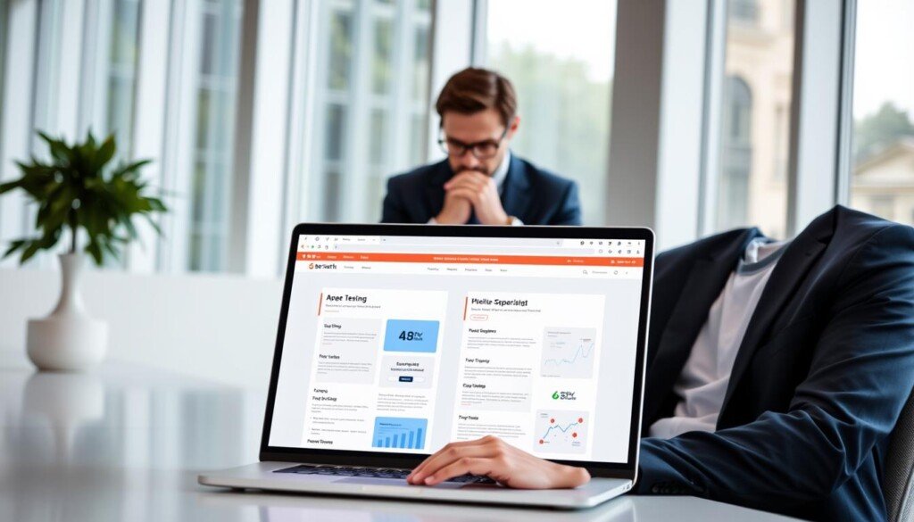 A sleek, modern office setting with a crisp, minimalist design. In the foreground, a laptop screen displays two web pages side-by-side, representing an A/B testing experiment. The pages have clean, well-organized layouts with clear calls-to-action. In the middle ground, a professional-looking person in business attire examines the laptop, deep in thought. The background features floor-to-ceiling windows, allowing natural light to flood the space and create a bright, airy atmosphere. The lighting is soft and even, with a hint of directional illumination to add depth and dimension. The entire scene conveys a sense of data-driven decision making, optimization, and growth-oriented strategy.