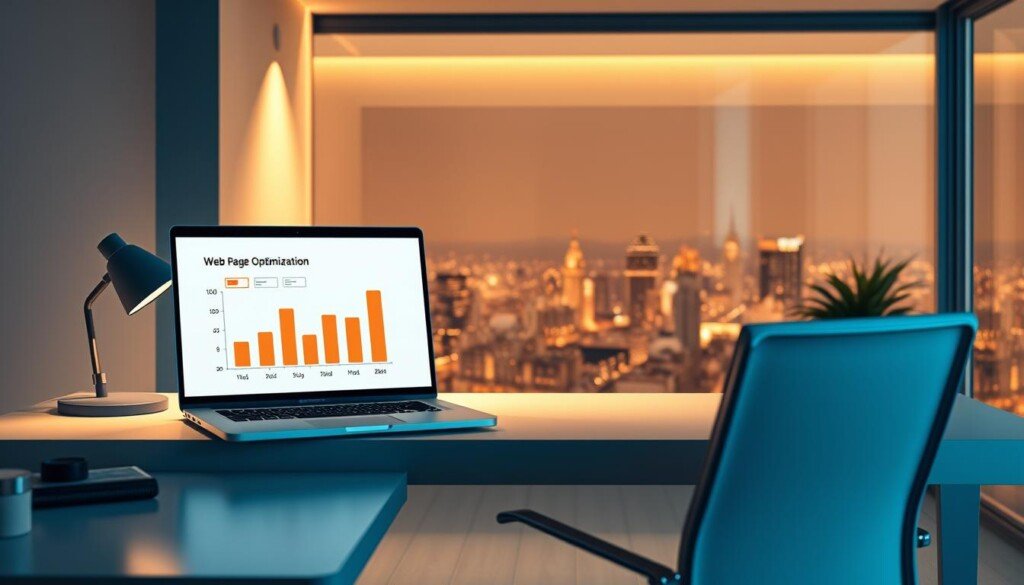 A sleek, modern office setting with a minimalist desk and chair arrangement. In the foreground, a laptop screen displays a web page optimization graph, with bars representing file sizes and load times. Soft, indirect lighting casts a warm glow, creating a focused, task-oriented atmosphere. The middle ground features various web development tools and a stylized illustration of a page speed optimization concept. The background showcases a panoramic view of a cityscape, suggesting the global reach and impact of web optimizations. The overall tone is one of efficiency, professionalism, and environmental consciousness.