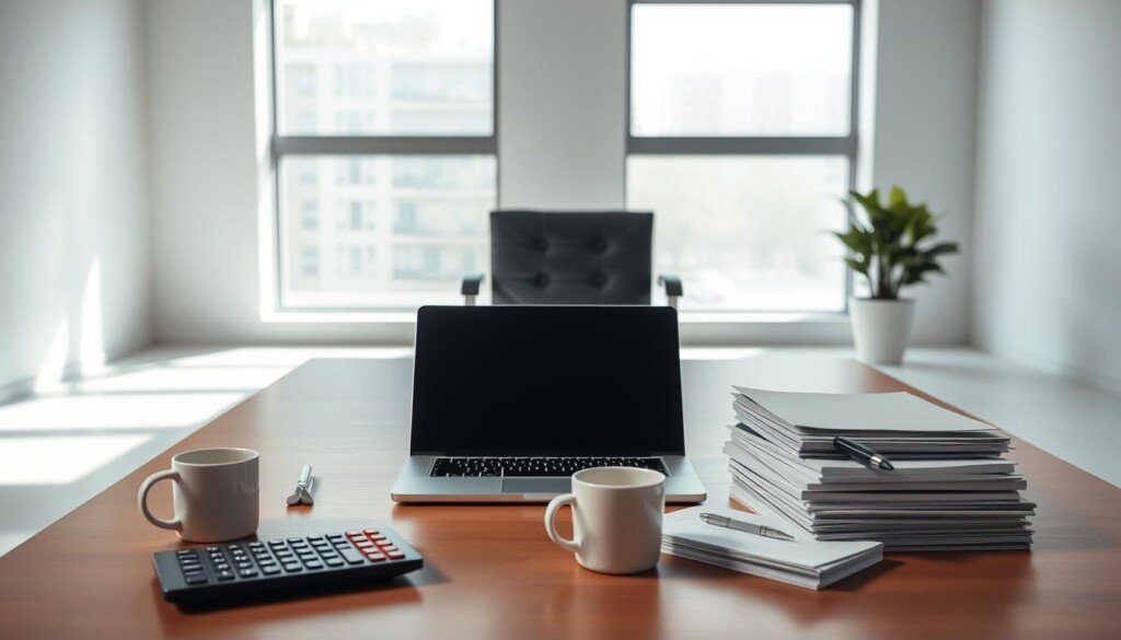 A sleek, modern office setting with a minimalist desk showcasing a laptop, coffee mug, and a stack of documents. In the foreground, a calculator and a few neatly arranged office supplies. In the middle ground, an executive-style chair and a potted plant, reflecting a professional yet warm atmosphere. The background features clean, white walls with a large window, allowing natural light to flood the space and creating a sense of openness and clarity. The lighting is soft and diffused, creating subtle shadows and highlights that accentuate the shapes and textures of the objects. The overall composition conveys a sense of efficiency, organization, and attention to detail, reflecting the subject of "coûts référencement naturel" and the section title "Combien coûte une stratégie SEO en 2024 ?"