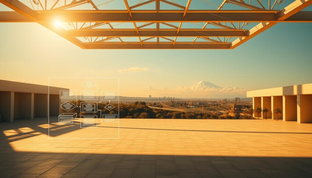 A sprawling architectural site, bathed in warm, golden sunlight, showcases a meticulously organized information architecture. In the foreground, a sleek, minimalist wireframe diagram depicts the hierarchy of webpages, each node connected by clean, elegant lines. The middle ground features a three-dimensional model of the website's navigational structure, represented by intersecting planes and geometric shapes. In the background, a sweeping panorama of the digital landscape reveals the interconnected nature of the site's content silos, their boundaries blending seamlessly. The overall scene conveys a sense of balance, efficiency, and the elegant orchestration of information, perfectly reflecting the theme of "Étape 2 : Concevoir l'arborescence de votre cocon."