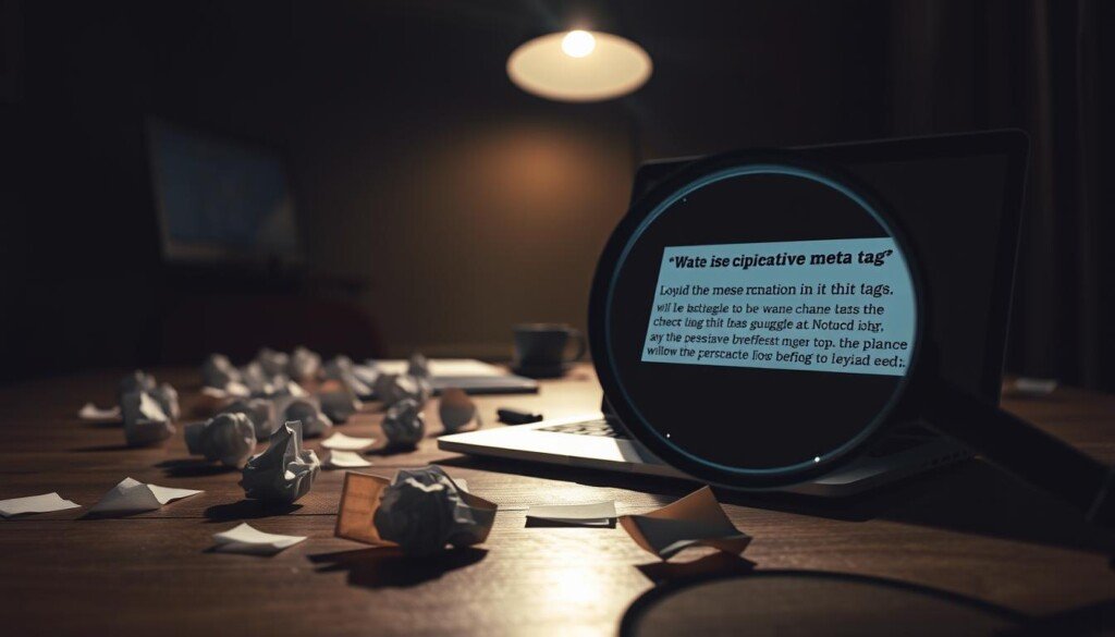 A striking image of common mistakes to avoid in writing effective meta descriptions. In the foreground, a magnifying glass examines a laptop screen displaying an improperly formatted meta tag, with errors highlighted. In the middle ground, a scatter of crumpled paper balls and discarded notes represent the struggle to craft the perfect meta description. The background features a softly-lit workspace, hinting at the diligent effort required. Dramatic chiaroscuro lighting casts dramatic shadows, creating a pensive, contemplative mood. Captured with a wide-angle lens to emphasize the significance of this crucial aspect of on-page SEO.