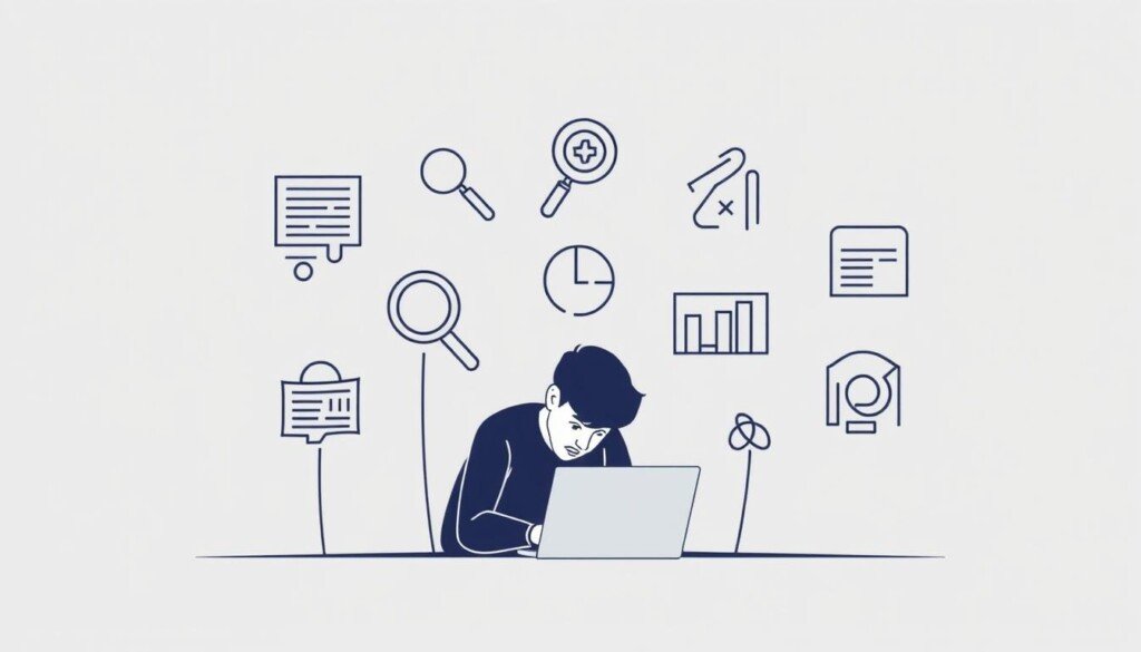 A stylish, minimalist illustration depicting common SEO pitfalls. In the foreground, a person hunched over a laptop, surrounded by icons representing technical SEO errors like broken links, duplicate content, and poor site structure. The middle ground features various search engine optimization symbols - a magnifying glass, a pie chart, a line graph - all slightly distorted or cracked, suggesting common SEO mistakes. The background is a softly blurred gradient, creating a sense of depth and focus on the key elements. The overall mood is one of thoughtful caution, with a muted color palette and clean, geometric design sensibilities.
