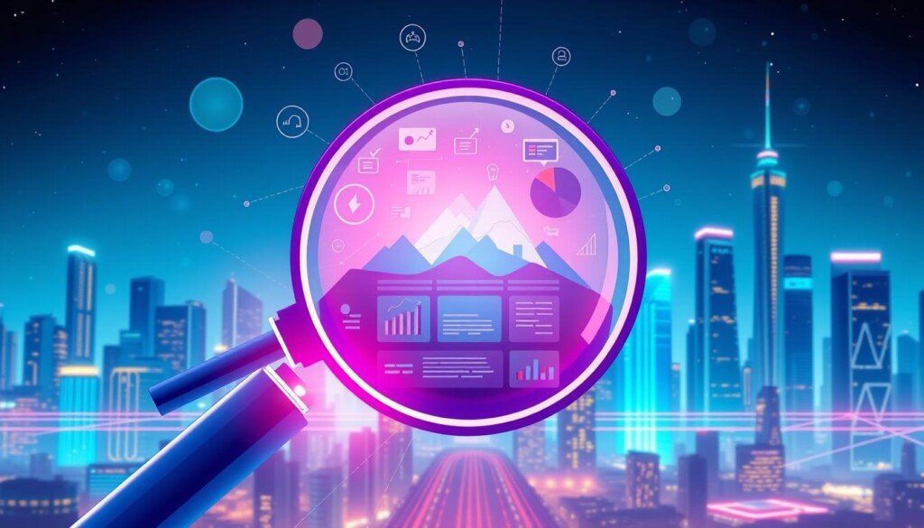 A vibrant digital illustration showcasing the intricate methodologies of search engine optimization (SEO). In the foreground, a stylized magnifying glass highlights the analysis and research processes, with data visualizations and digital landscapes unfolding within. The middle ground features a sleek, modern web interface, where optimized content and user experience elements come together. In the background, a cityscape of towering skyscrapers represents the competitive online landscape, with the bright lights of success illuminating the path to dominating the market. The overall atmosphere conveys a sense of technological prowess, strategic thinking, and a relentless drive to maximize online visibility.