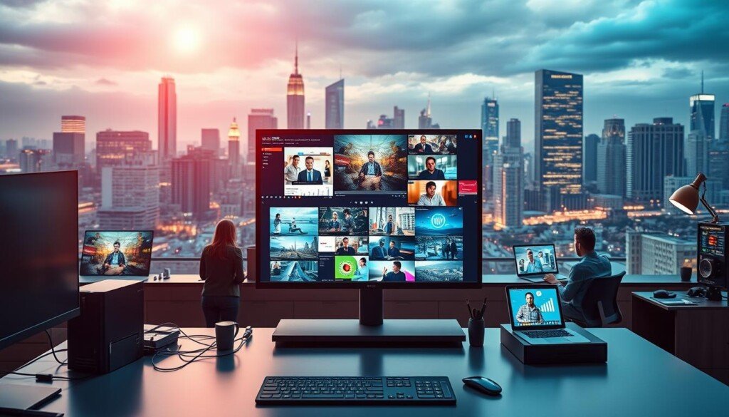 A vibrant digital landscape, with a central focus on a strategically positioned video display showcasing engaging content. The foreground features a sleek, modern workstation with cutting-edge tech accessories, conveying a sense of professional digital expertise. The middle ground depicts a dynamic team of digital marketers, collaborating and analyzing metrics on various screens, reflecting the collaborative nature of successful video strategy and digital engagement. In the background, a bustling city skyline sets the scene, hinting at the global scale and interconnectedness of the digital realm. Soft, directional lighting illuminates the scene, creating a sense of depth and emphasis on the video content as the centerpiece. The overall mood is one of strategic vision, technological prowess, and the pursuit of digital excellence.