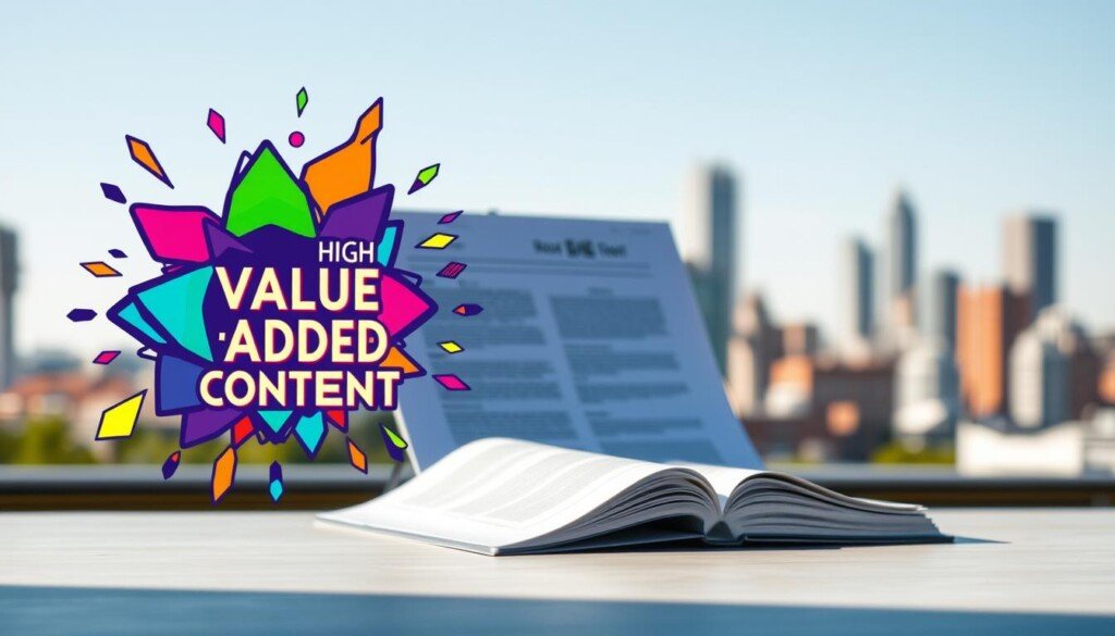 A vibrant, visually compelling illustration of "high value-added content". In the foreground, a stylized graphic featuring dynamic shapes, vivid colors, and intricate patterns symbolizing the depth and richness of impactful, informative content. The middle ground showcases a professional, well-crafted document or presentation, conveying a sense of authority and expertise. In the background, a softly blurred urban skyline, hinting at the broader context and relevance of the high-value content to the target audience. Bright, natural lighting casts a warm, inviting glow, while a slightly elevated camera angle emphasizes the prominence and significance of the central elements. The overall mood is one of inspiration, credibility, and the promise of valuable insights.