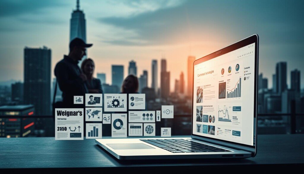 A visually striking image showcasing the content strategy for web applications. In the foreground, a sleek laptop displays a wireframe interface, its screen casting a soft, ambient glow. Surrounding it, various content elements are artfully arranged - infographics, data visualizations, and captivating imagery that draw the viewer's attention. The middle ground features a team of designers and content strategists collaborating, their faces obscured in shadow to emphasize the focus on their work. In the background, a cityscape of modern skyscrapers and tech hubs creates a sense of dynamism and innovation. The lighting is balanced, with a combination of natural and artificial sources casting strategic shadows and highlights to create depth and drama. The overall tone is one of professionalism, creativity, and a commitment to crafting an exceptional digital experience.