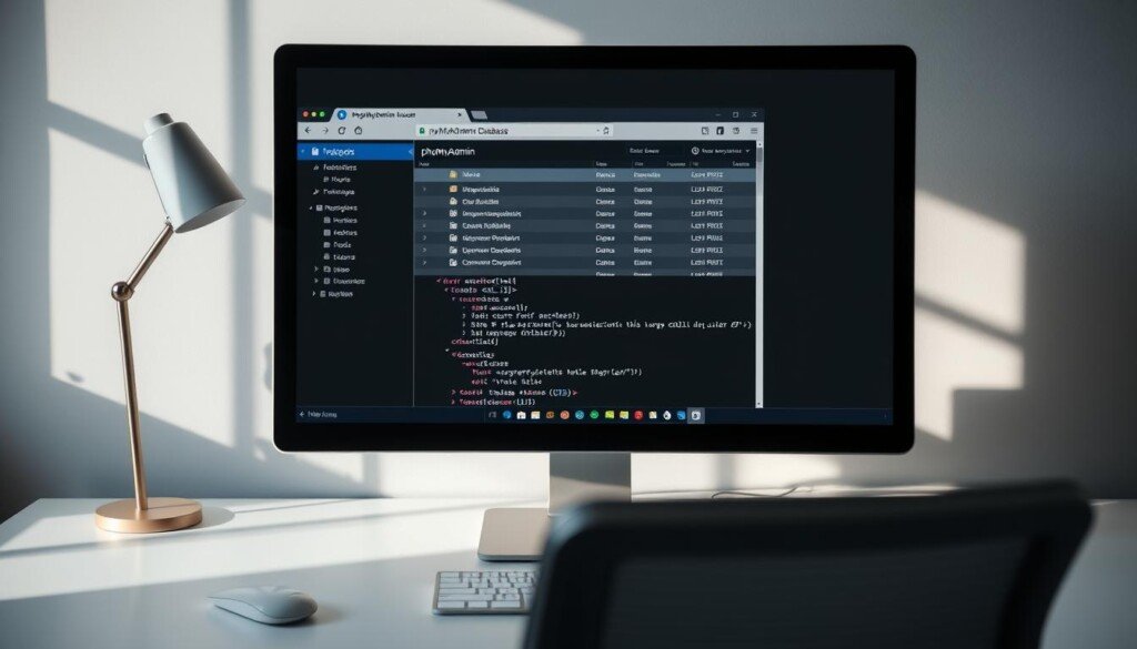 A well-lit, high-resolution photograph of a computer screen displaying the phpMyAdmin interface, with the WordPress database clearly visible in the foreground. The screen is situated on a clean, minimalist desk, with a modern office chair and a subtle, natural lighting setup that casts soft shadows across the scene. The overall mood is professional and focused, conveying the technical nature of the content while maintaining a sense of clarity and attention to detail.
