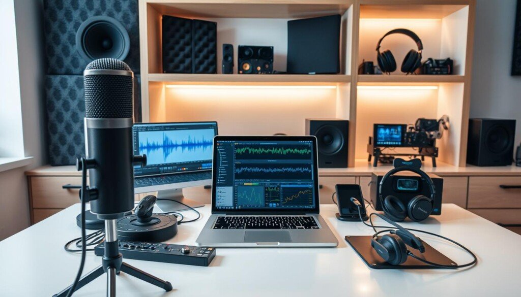 A well-lit workspace with an array of audio equipment and digital analysis tools laid out on a modern desk. In the foreground, a high-quality microphone stands ready to capture voice recordings. The middle ground features a laptop displaying waveform visualizations and real-time audio metrics. In the background, shelves hold sound-dampening panels, a pair of studio headphones, and other accessories essential for in-depth voice query analysis. The scene conveys a professional, tech-savvy atmosphere dedicated to understanding the nuances of vocal search.
