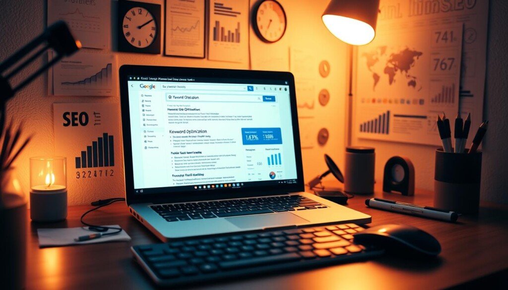 A well-organized desktop scene with a laptop, keyboard, and various SEO-related icons and visualizations. The laptop screen displays a search engine results page with keyword optimization data and insights. Warm, soft lighting illuminates the scene, creating a focused and productive atmosphere. The overall composition emphasizes the importance of keyword optimization for search engine visibility and organic traffic growth. Technical details such as depth of field, camera angle, and lighting contribute to a professional, high-quality image.