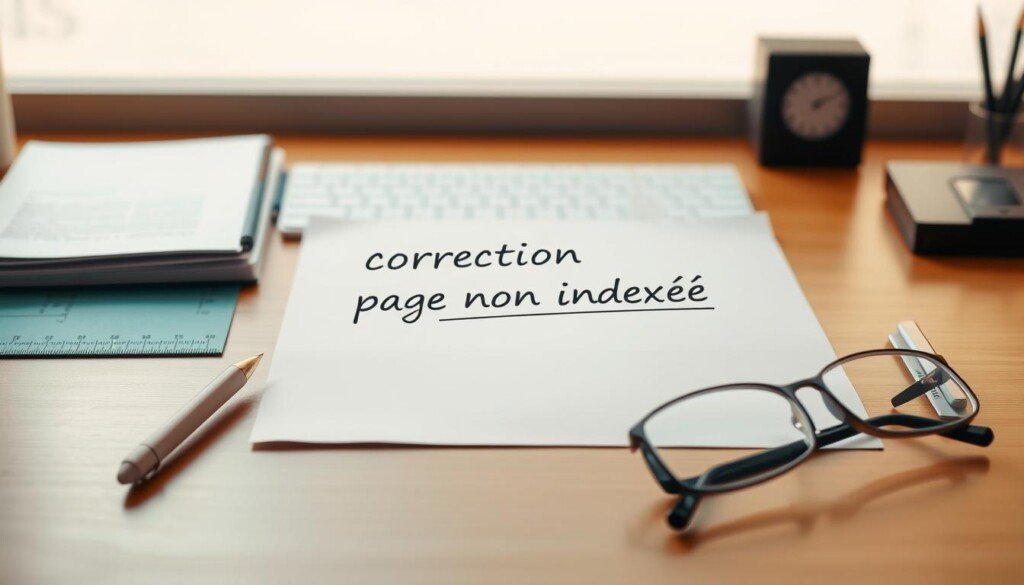A well-organized office desk, illuminated by soft, warm lighting. On the desk, a crisp, clean sheet of white paper, its corners slightly curled, with the text "correction page non indexée" handwritten in a neat, legible script. The paper is the focal point, capturing the viewer's attention, surrounded by a minimalist arrangement of office supplies - a pen, a ruler, and a pair of reading glasses. The background is blurred, emphasizing the importance of the corrective action being taken. The overall mood is one of focus, attention to detail, and a determination to address the issue at hand.