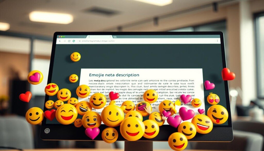 A whimsical scene of emojis playfully interacting within a digital meta description on a computer screen. The foreground features a diverse cast of vibrant emojis - smiling faces, hearts, stars, and more - arranged in a dynamic, expressive composition. The middle ground depicts a sleek web browser window with the meta description text, subtly accented by the emojis. The background showcases a blurred office setting, hinting at the practical application of this visual. Soft, indirect lighting casts a warm, approachable glow, while the perspective is slightly elevated to invite the viewer into the scene. The overall mood is lighthearted, modern, and visually engaging, capturing the essence of the "Faut-il utiliser des emojis dans les meta descriptions ?" section. Prompt