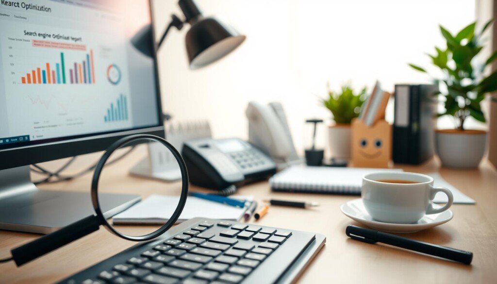 A workspace with a variety of SEO optimization tools, including a keyboard, monitor, and desk organizers. The foreground features a magnifying glass and a search engine optimization report on the computer screen. The middle ground showcases a telephone, a notebook, and a cup of coffee, symbolizing the analytical and meticulous nature of SEO optimization. The background is softly lit, creating a focused and productive atmosphere, with a plant and simple decor elements to balance the technical aspects. The overall scene conveys the idea of comprehensive SEO optimization, with attention to detail and a strategic approach.