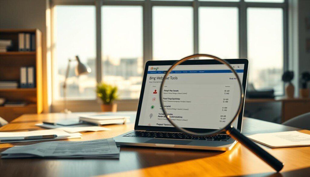 An airy, sunlit office space with a desk showcasing a laptop displaying the Bing Webmaster Tools interface. On the desk, various documents and a Bing logo emphasize the focus on Bing SEO. A magnifying glass highlights the "Errors" section, drawing attention to the critical issues that need to be avoided for optimal Bing performance. Warm, natural lighting casts a subtle glow, creating an atmosphere of productivity and attention to detail. The overall composition emphasizes the importance of understanding and addressing Bing-specific SEO challenges.