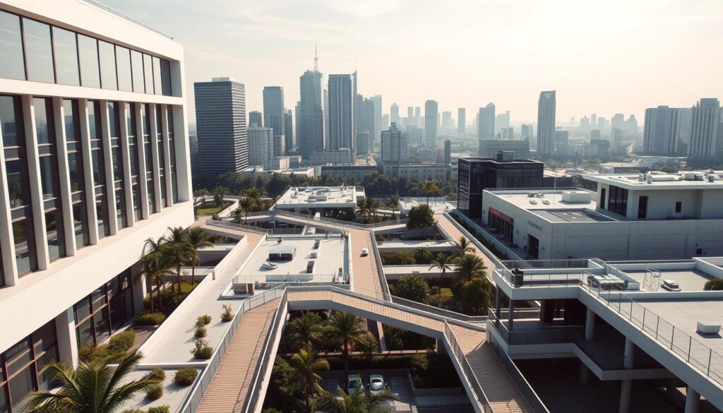 Architectural landscape with search engine friendly design elements. A modern building with clean lines, large windows, and prominent search engine optimization features in the foreground. The middle ground showcases a network of interconnected pathways, rooftops, and balconies, enabling smooth crawling and indexing by search engines. In the background, a cityscape with towering skyscrapers and a clear sky, suggesting a progressive, technologically-advanced environment. Lighting is soft and diffused, creating a sense of clarity and accessibility. The composition emphasizes the harmony between architecture and search engine optimization, inviting the viewer to explore this seamless integration.
