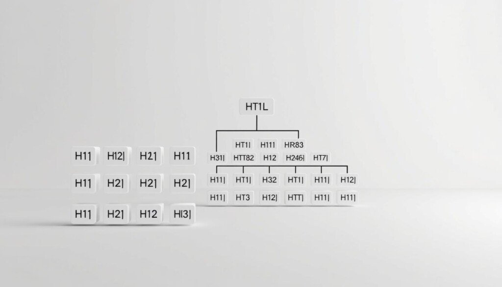 Detailed technical diagram depicting the HTML tag hierarchy, showcased against a clean, minimalist background. The foreground features a grid-like arrangement of various HTML tags (H1, H2, H3, etc.), each represented by a distinct 3D shape with clear labels. The middle ground contains a simplified visual representation of the nested structure and relationship between the tags. The background is bathed in a soft, neutral lighting, creating a sense of depth and focus on the central elements. Crisp edges, gentle shadows, and a muted color palette contribute to an informative, yet aesthetically pleasing visual representation of the HTML tag hierarchy.