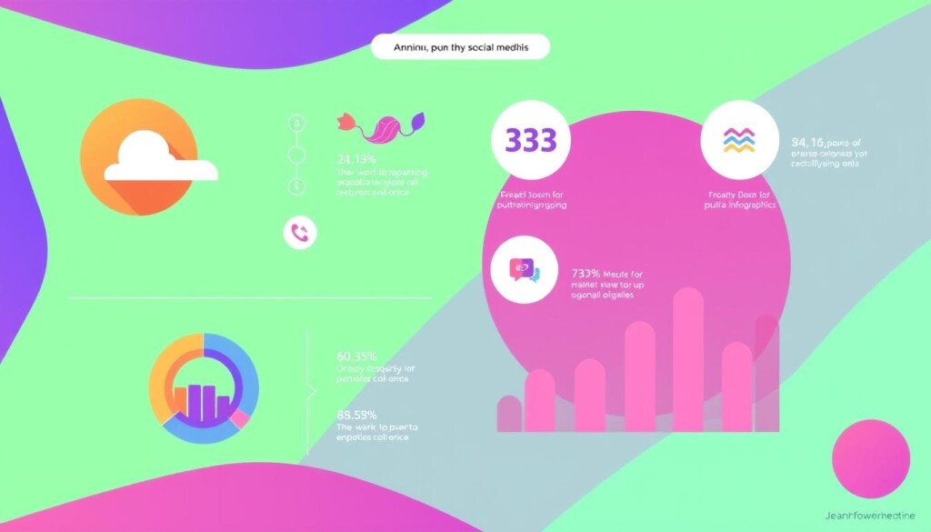 Infographics for social media, vibrant and visually striking. A minimalist layout with clean geometric shapes, bold colors, and smooth gradients. Infographics that are easy to share and scroll-stopping on feeds. Dynamic data visualizations that convey insights at a glance. An eye-catching, modern style that captivates the viewer. Captivating icons, subtle textures, and a touch of whimsy. Warm, inviting lighting, a wide angle lens, and a slightly elevated camera angle. The overall mood is informative yet engaging, empowering the audience to interact and share.