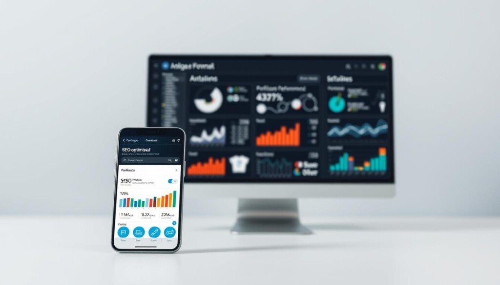Optimised digital media composition for a modern website. A clean, minimalist layout with carefully curated image assets. Prominently featured, a smartphone device displaying an SEO-optimised web page, its UI elements crisp and visually appealing. In the foreground, a desktop computer monitor showcases analytical data and performance metrics. The middle ground features graphic design elements such as stylized icons, infographics, and typography. The background is a softly blurred, neutral color palette, evoking a professional, technology-forward atmosphere. Balanced lighting from above casts a subtle glow, enhancing the modern, polished aesthetic. The overall impression is one of seamless, high-performing digital media that elevates the user experience.