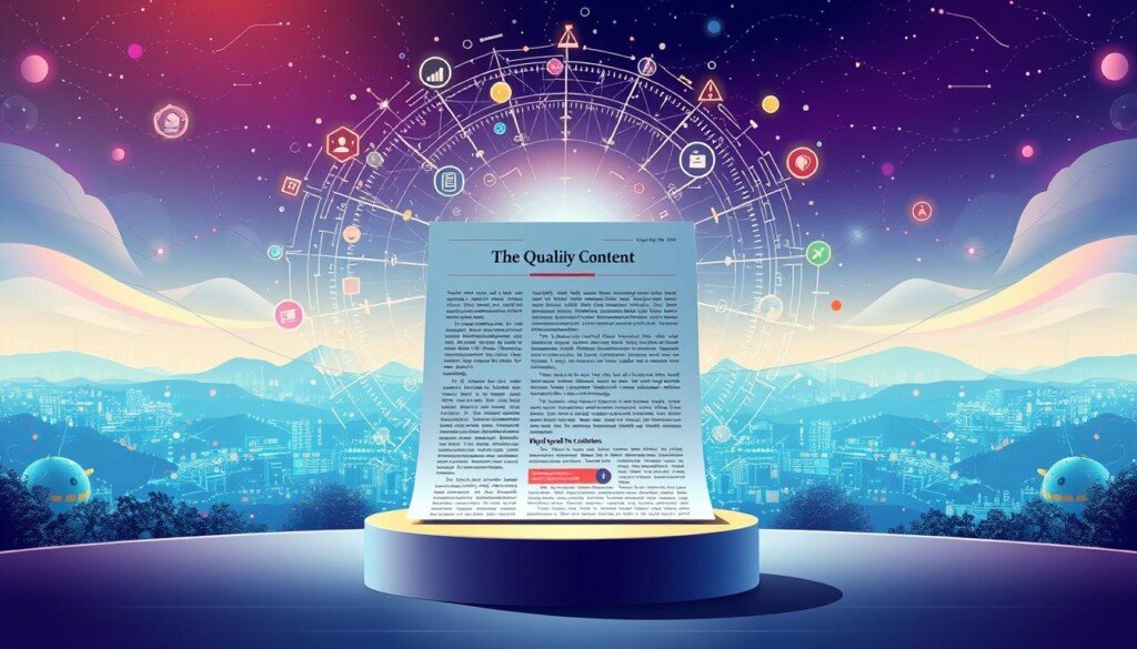 Prompt A vibrant and visually captivating illustration showcasing the concept of "quality content and natural search engine optimization (SEO)". In the foreground, a well-crafted, high-quality article page is prominently displayed, with carefully curated and engaging textual content. Surrounding the article, an aura of digital elements symbolizes the natural search engine optimization process - intricate algorithms, data visualizations, and icons representing search engine indexing and ranking. The middle ground features a sturdy, yet elegant pedestal, representing the foundational importance of content as the pillar of effective SEO. In the background, a vast and interconnected digital landscape hints at the broader online ecosystem, emphasizing the interconnectedness of quality content and organic search visibility. The overall composition radiates a sense of balance, professionalism, and the power of content to drive successful search engine marketing strategies.