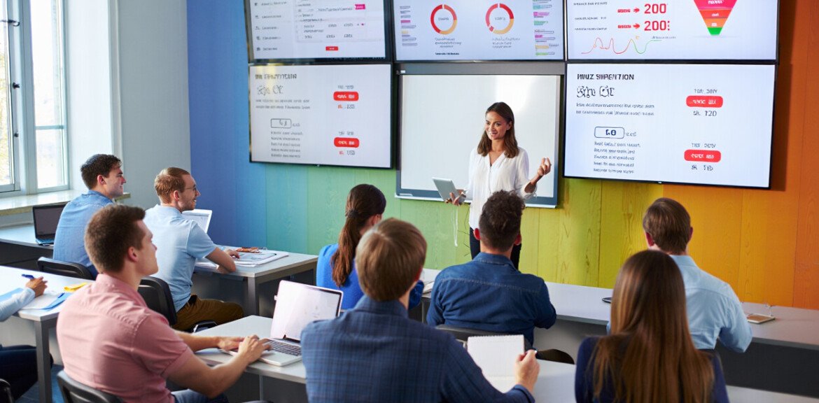Une scène dynamique représentant une salle de formation moderne baignée de lumière naturelle, où une formatrice professionnelle anime une session sur la stratégie digitale. Les murs sont couverts d’écrans affichant des statistiques marketing, des schémas de tunnel de conversion et des réseaux sociaux. Des collaborateurs de différents âges tous caucasiens prennent des notes sur des supports de cours. Les couleurs dominantes sont un dégradé de bleu, vert et orange, avec un halo rouge autour des indicateurs de performance. L’ambiance est studieuse et tournée vers l’avenir, illustrant l’essence d’une formation marketing digital pour les entreprises.