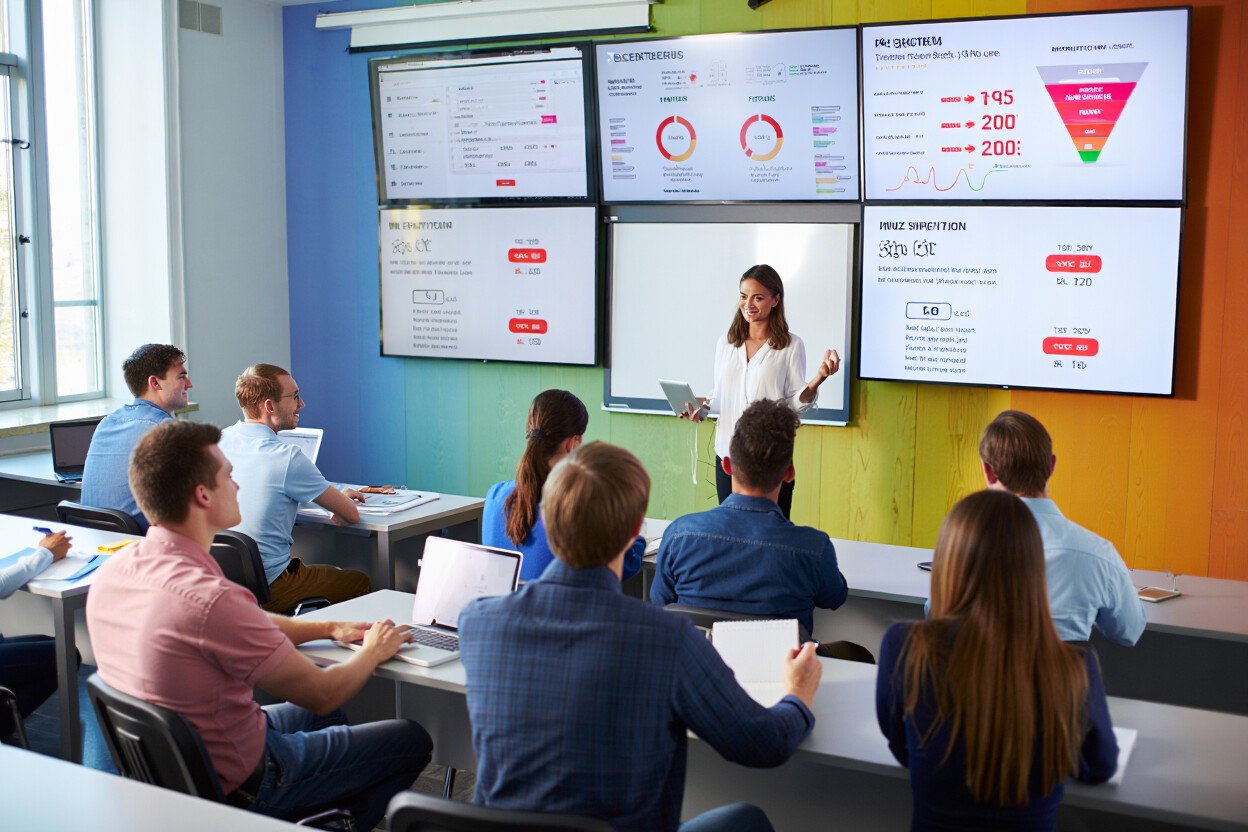 Une scène dynamique représentant une salle de formation moderne baignée de lumière naturelle, où une formatrice professionnelle anime une session sur la stratégie digitale. Les murs sont couverts d’écrans affichant des statistiques marketing, des schémas de tunnel de conversion et des réseaux sociaux. Des collaborateurs de différents âges tous caucasiens prennent des notes sur des supports de cours. Les couleurs dominantes sont un dégradé de bleu, vert et orange, avec un halo rouge autour des indicateurs de performance. L’ambiance est studieuse et tournée vers l’avenir, illustrant l’essence d’une formation marketing digital pour les entreprises.