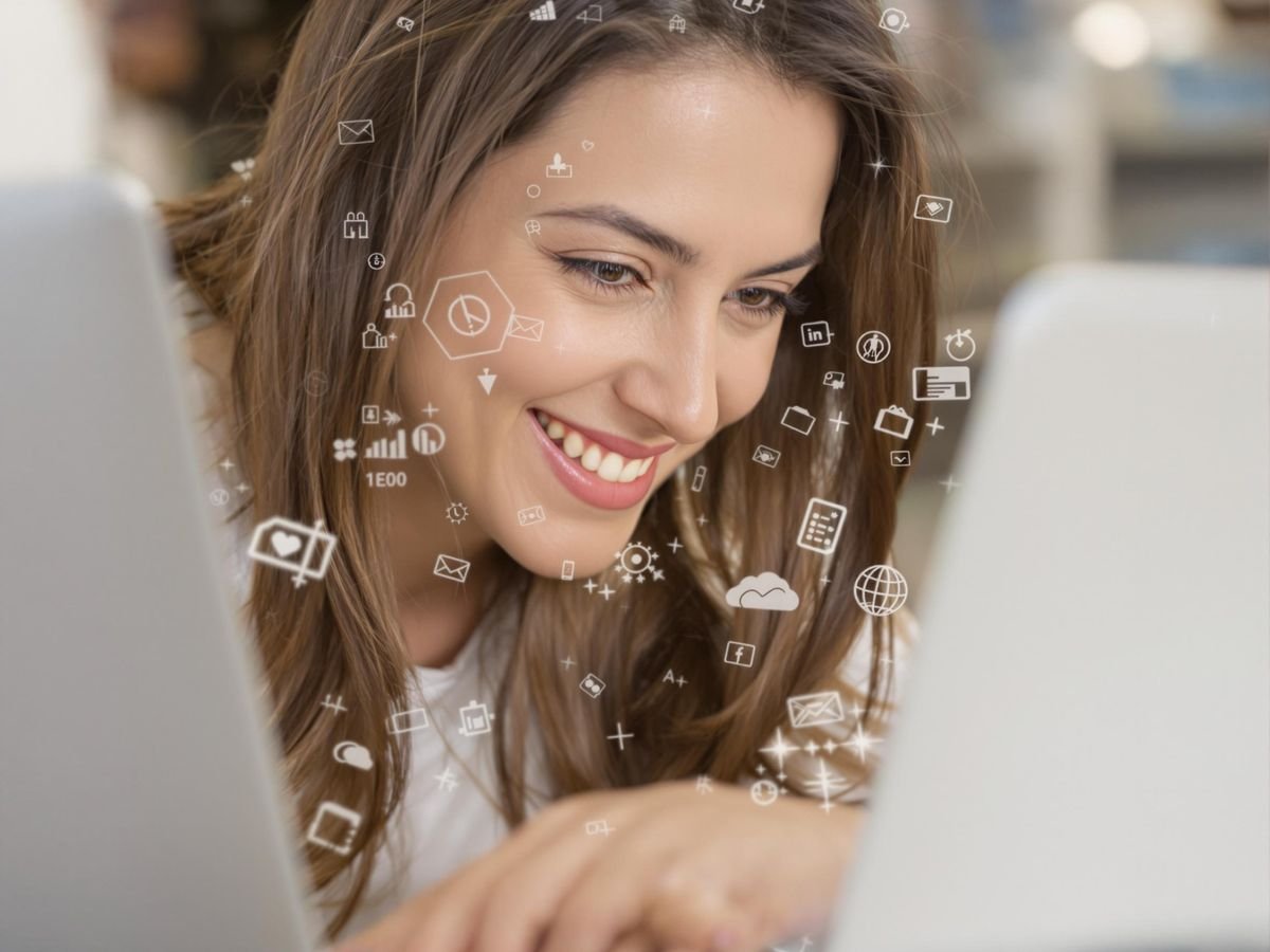 Donna sorridente che lavora al computer portatile, circondata da icone web.