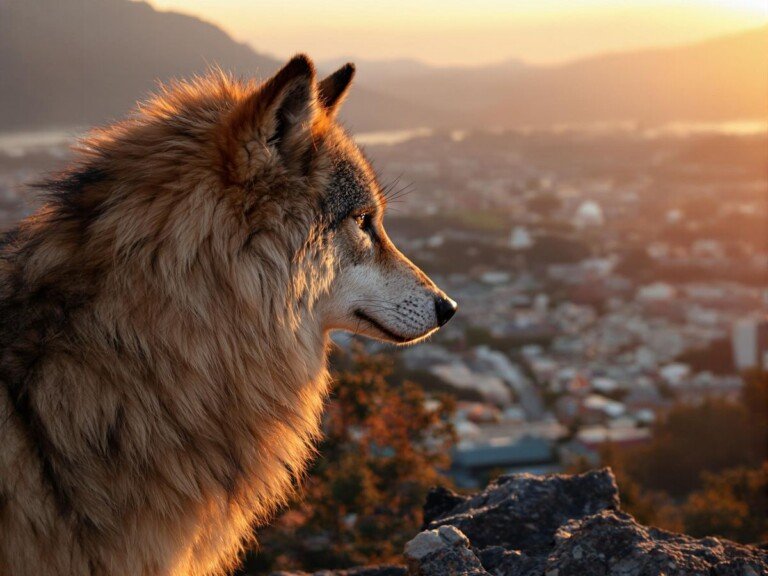 Lupo che osserva una città da una montagna