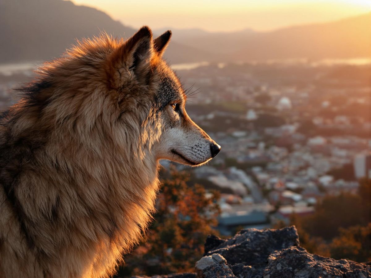 Lupo che osserva una città da una montagna