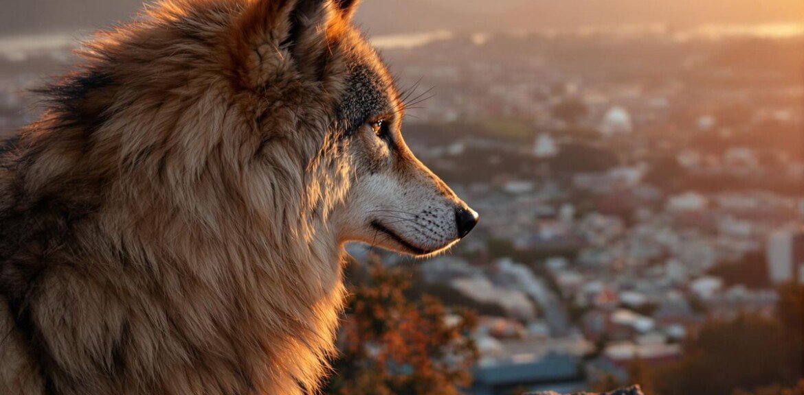 Wolf observing a city from a mountain