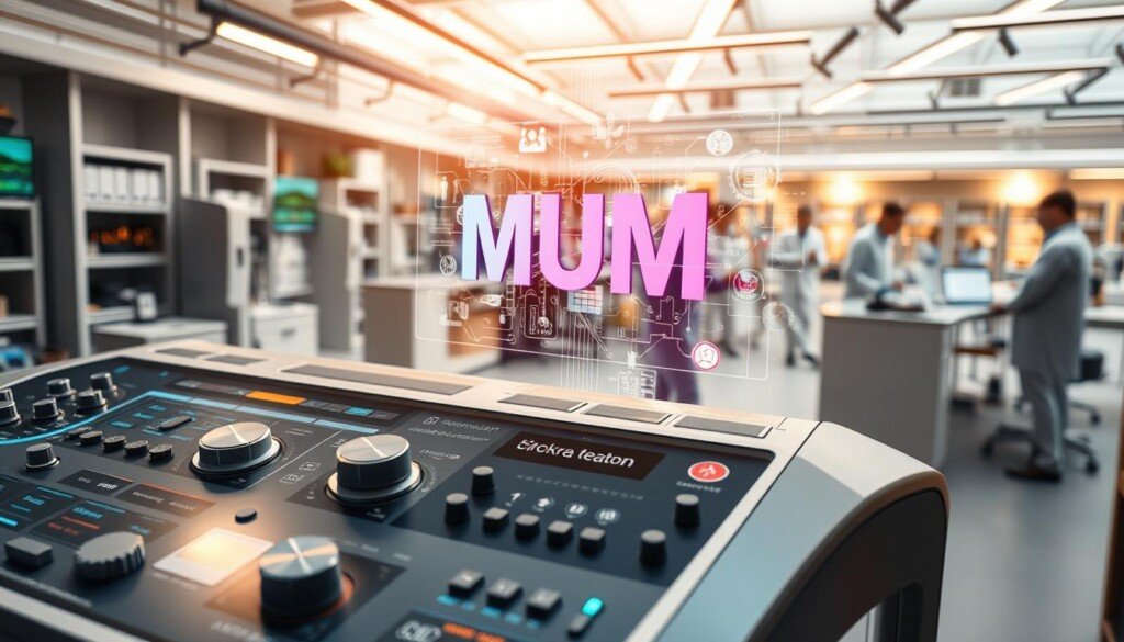A detailed, high-resolution image of the key features of Google MUM, a powerful AI-driven search technology. In the foreground, a sleek, futuristic control panel with various interactive components, knobs, and displays showcasing MUM's advanced capabilities in natural language processing, cross-modal learning, and knowledge synthesis. In the middle ground, a holographic visualization of the MUM algorithm's inner workings, with intricate data flows and neural networks. In the background, a panoramic view of a cutting-edge research lab, with scientists and engineers collaborating on the next generation of Google's search engine. Crisp lighting, precise camera angles, and a warm, futuristic tone convey the innovative spirit and technological prowess of Google MUM.