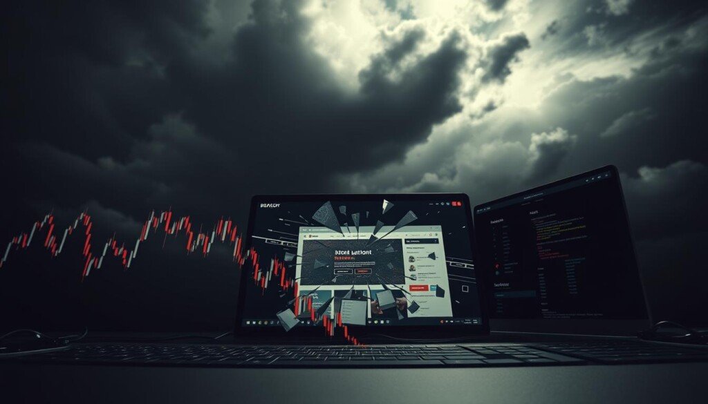 A dramatic image of the impact of stock rupture on SEO performance. In the foreground, a stock chart plummets, depicting the sudden drop in traffic and rankings. The middle ground shows a shattered, glitching website interface, reflecting the disruption to online visibility. In the background, a dark, stormy sky symbolizes the gloomy outlook for businesses facing product unavailability. Dramatic lighting, high contrast, and a cinematic, desaturated color palette convey the sense of crisis and urgency. Captured with a wide-angle lens to create an immersive, impactful composition.