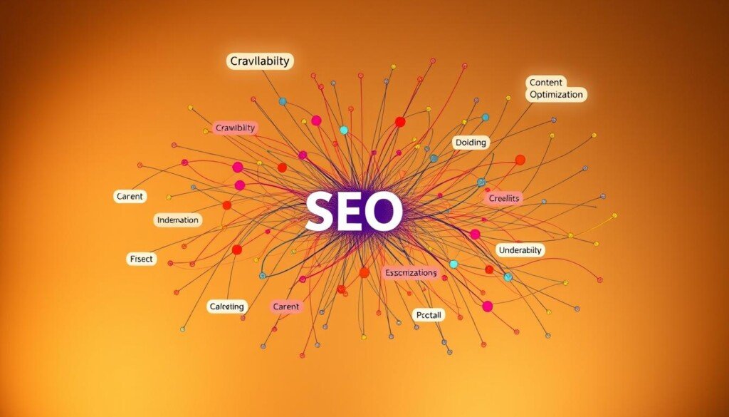 A dynamic, multicolored graph with intricate nodes and connections, representing the complex challenges of SEO on the Salesforce Commerce Cloud platform. The graph is illuminated by a warm, soft light, creating a mood of thoughtful contemplation. The foreground features prominent nodes labeled with key SEO obstacles, such as "Crawlability", "Indexation", and "Content Optimization". The middle ground showcases a detailed network of interconnected lines, symbolizing the interdependencies between various SEO elements. The background subtly fades into a muted, neutral tone, allowing the central graph to take the spotlight. The overall composition conveys the technical intricacies and strategic considerations required to optimize a Salesforce Commerce Cloud website for search engine performance.