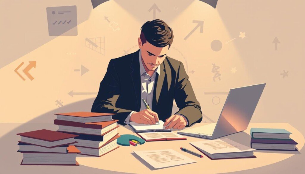 A high-quality, high-resolution digital illustration depicting a strategist crafting a content marketing plan to establish thought leadership and authority in their industry. The scene shows a focused professional at a minimalist desk, surrounded by books, laptop, and notes, against a backdrop of geometric patterns and directional arrows symbolizing strategy and vision. The lighting is warm and subtle, creating an atmosphere of contemplation and professionalism. The composition emphasizes the centrality of the content planning process, with the strategist's face obscured to keep the focus on the task at hand.