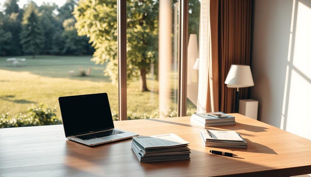 A high-quality, well-lit photograph of a spacious, modern home office desk with a laptop, a stack of magazines, and a pen nearby. The desk is positioned in front of a large, sun-filled window overlooking a lush, green landscape. Warm, natural lighting fills the room, creating a serene and productive atmosphere. The image conveys the idea of writing and publishing guest posts on influential blogs, with the desk and its accessories serving as the central focus.