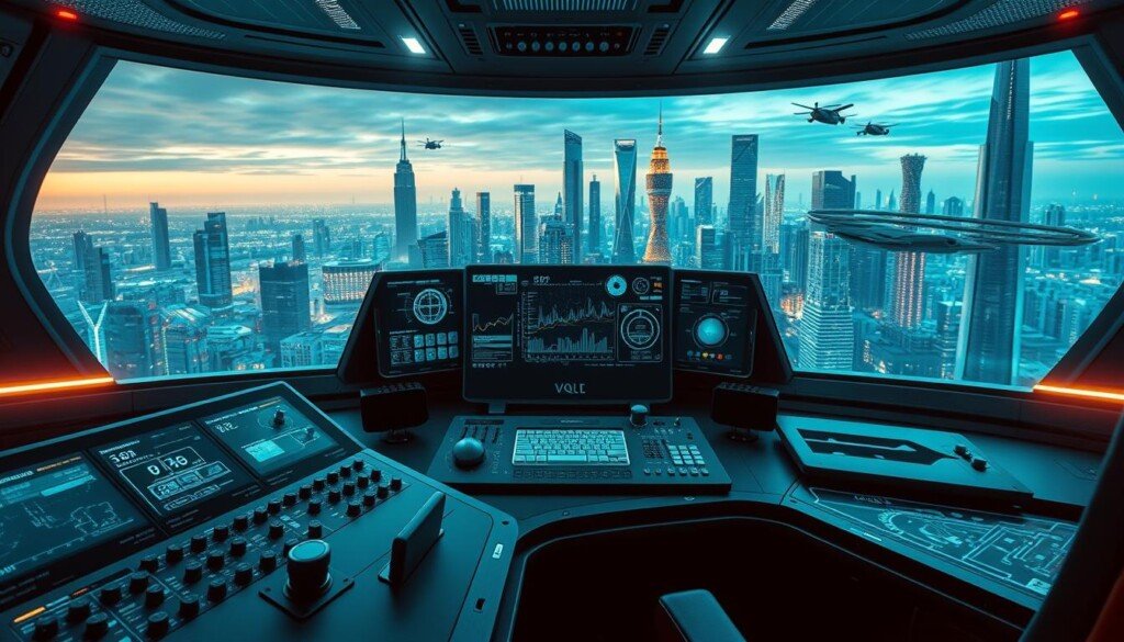 A high-tech command center with advanced digital interfaces and holographic displays. In the foreground, sleek control panels with intricate knobs, switches, and keyboards. The middle ground features a large, curved screen displaying complex data visualizations and analytics. In the background, a panoramic view of a futuristic cityscape with towering skyscrapers and flying vehicles, bathed in a cool, neon-tinged lighting. The atmosphere is one of cutting-edge technology, precision, and strategic optimization - capturing the essence of advanced SEO marketplace techniques.