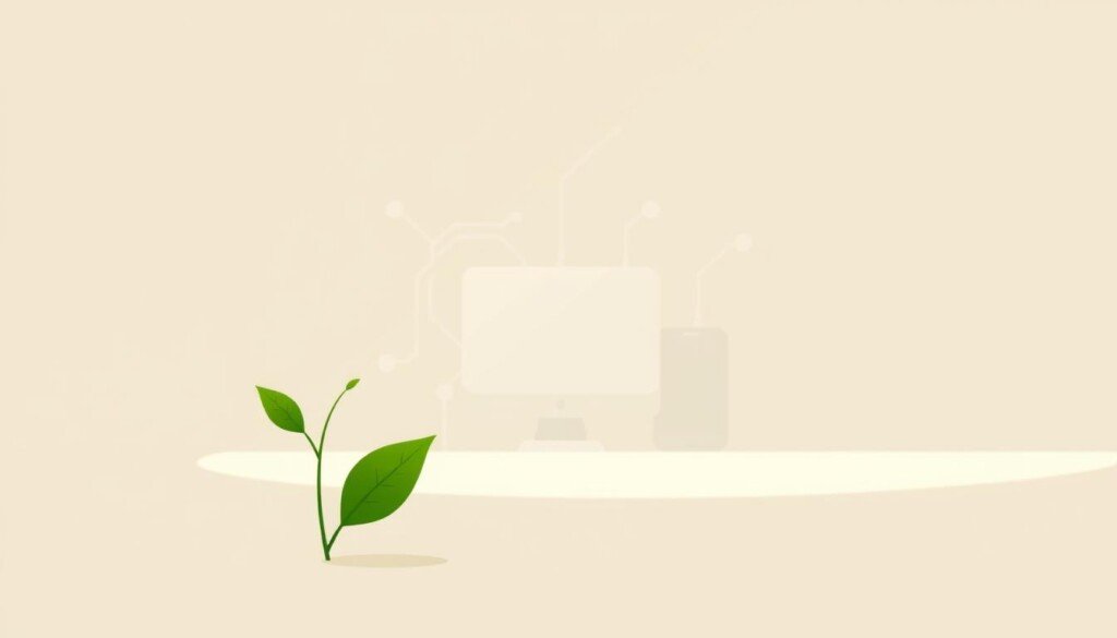 A minimalist conceptual illustration depicting the digital carbon footprint reduction. In the foreground, a stylized green leaf or plant motif, representing environmentally-friendly digital practices. In the middle ground, a simplified computer or mobile device, symbolizing the digital realm. The background features a subtle grid or circuit board pattern, alluding to the technological underpinnings of the digital world. The lighting is soft and diffused, creating a serene, contemplative atmosphere. The color palette utilizes muted, earthy tones to convey a sense of sustainability and environmental consciousness. The overall composition aims to visually communicate the idea of reducing one's digital carbon footprint through eco-friendly digital habits and solutions.