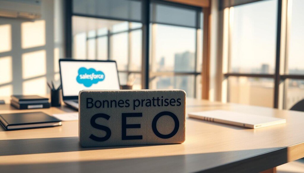 A modern, minimalist office setting with a large window overlooking a cityscape. On the desk, a laptop displaying the Salesforce Commerce Cloud logo, surrounded by neatly organized office supplies. In the foreground, a tactile, textured square block representing "Bonnes pratiques SEO" casts a soft shadow. The lighting is warm and natural, creating a professional yet inviting atmosphere. The camera angle is slightly elevated, giving a sense of authority and expertise. The overall composition conveys a sleek, efficient and well-optimized digital presence.