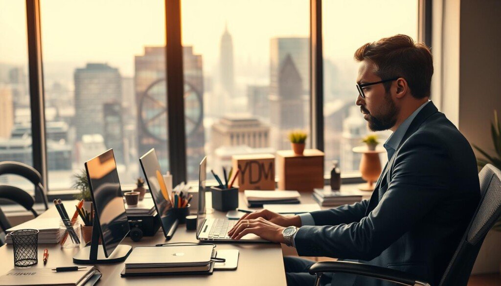 A modern office interior with a cozy, well-lit atmosphere. In the foreground, a professional-looking person sitting at a desk using a communication device, intently focused on the screen. Behind them, a large window overlooking a bustling cityscape, creating a sense of connection between the digital and physical realms. In the middle ground, various office supplies and decor elements evoke a productive, yet visually appealing workspace. The lighting is a warm, natural glow, creating a pleasant and inviting ambiance. The overall composition emphasizes the importance of effective communication and digital engagement in the context of search engine optimization and customer relationships.