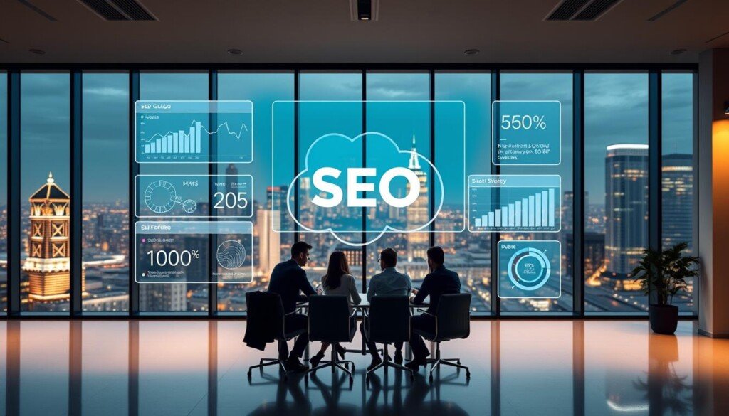 A modern, sleek office interior with large windows overlooking a bustling city skyline. In the foreground, a holographic display shows various SEO analytics and optimization metrics for a Salesforce Commerce Cloud website. The middle ground features a team of digital marketing professionals collaborating around a conference table, discussing strategies to leverage the SEO Cloud platform. In the background, subtle ambient lighting and minimalist decor create a professional, futuristic atmosphere conducive to high-level digital marketing work. The overall scene conveys the power and efficiency of the SEO Cloud solution for enhancing online visibility and performance of a Salesforce Commerce Cloud ecommerce presence.