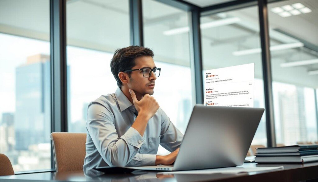 A professional business person sitting at a desk, looking at a laptop screen displaying negative customer reviews. The office setting is well-lit, with a large window overlooking a cityscape in the background. The person has a concerned expression, contemplating how to handle the situation. The scene conveys the challenge of managing negative feedback, with a sense of thoughtfulness and determination. Subtle hints of the article's subject, such as a report or document on the desk, add context without being overly explicit.