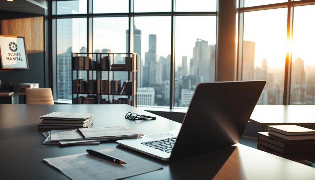 A professional, well-lit office interior with a focus on the "processus de candidature" or job application process. In the foreground, a modern desk with a laptop, pen, and neatly organized documents. In the middle ground, a bookshelf with industry-relevant books and a framed company logo. The background features large windows overlooking a bustling city skyline, bathed in warm, natural lighting. The overall atmosphere conveys a sense of professionalism, efficiency, and the opportunity to join a passionate, dynamic team.
