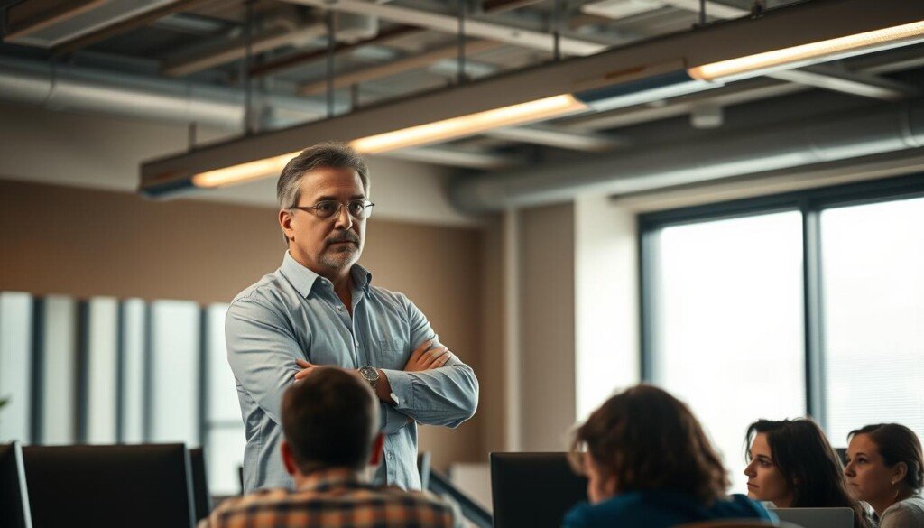 A seasoned missions consultant stands in a modern office, offering SEO expertise to a team of attentive colleagues. Warm lighting from overhead fixtures casts a soft glow, creating an atmosphere of professionalism and collaboration. The consultant's confident posture and thoughtful expression convey a depth of experience, while the team members around the desk lean in, eager to learn. The scene captures the essence of an SEO agency seeking to integrate passionate individuals into their dynamic workforce.